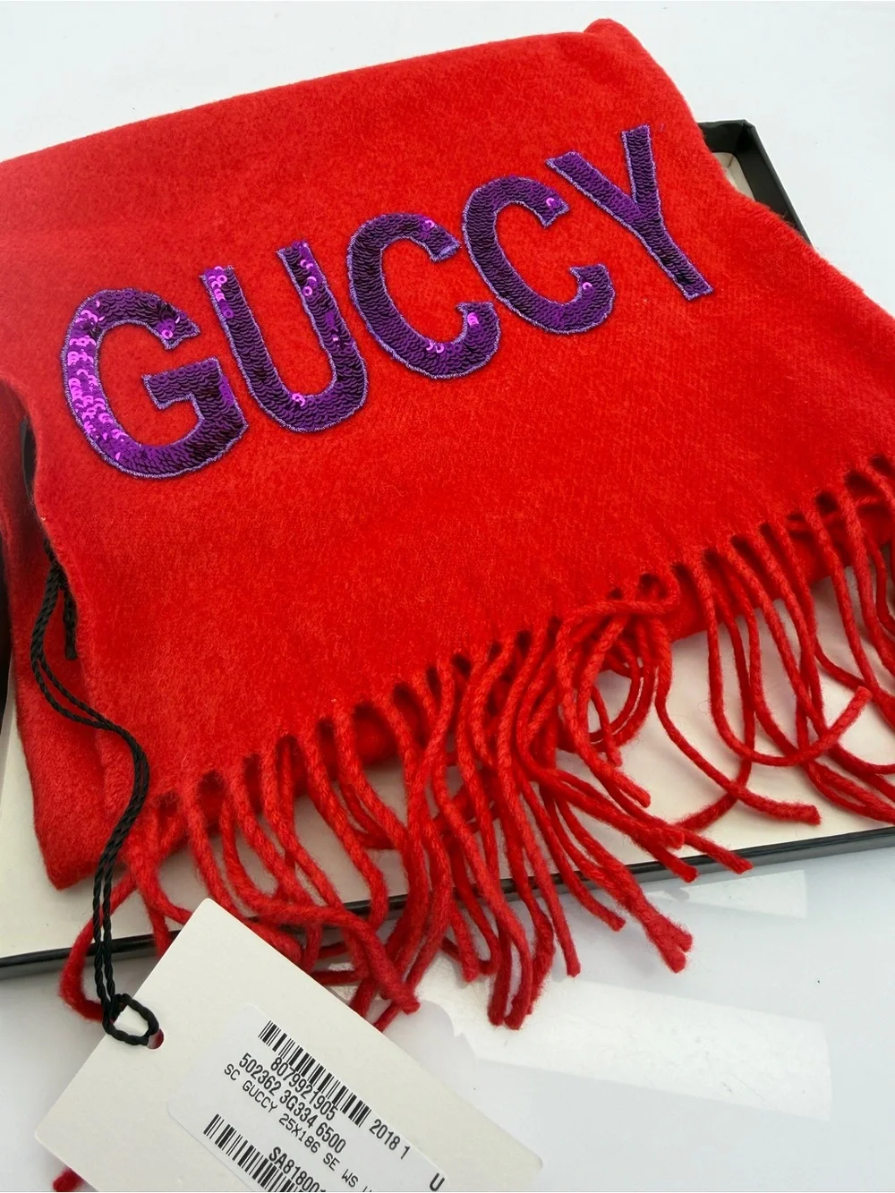 NWT Gucci Red Sequin Guccify Fringe Scarf